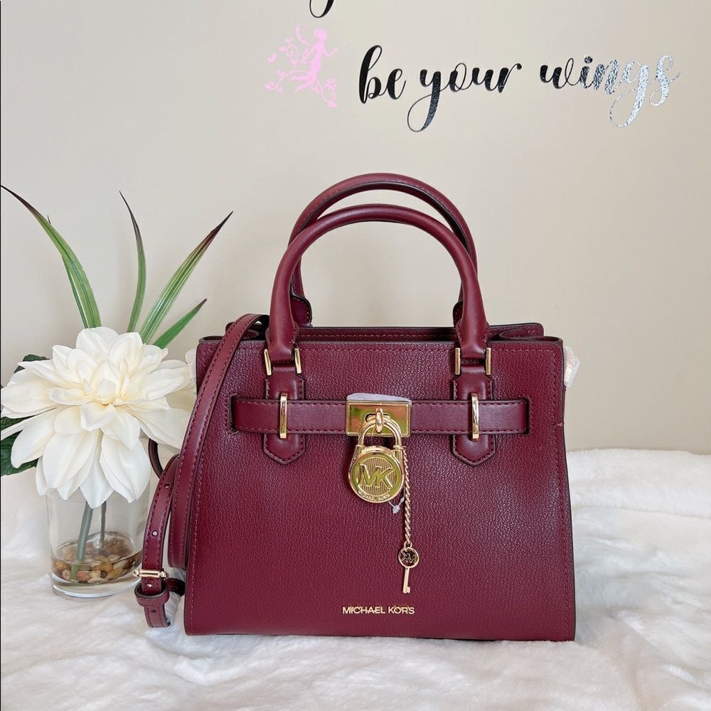 MICHAEL KORS HAMILTON SMALL‎ SATCHEL KEY LOCK CROSSBODY BAG MERLOT
